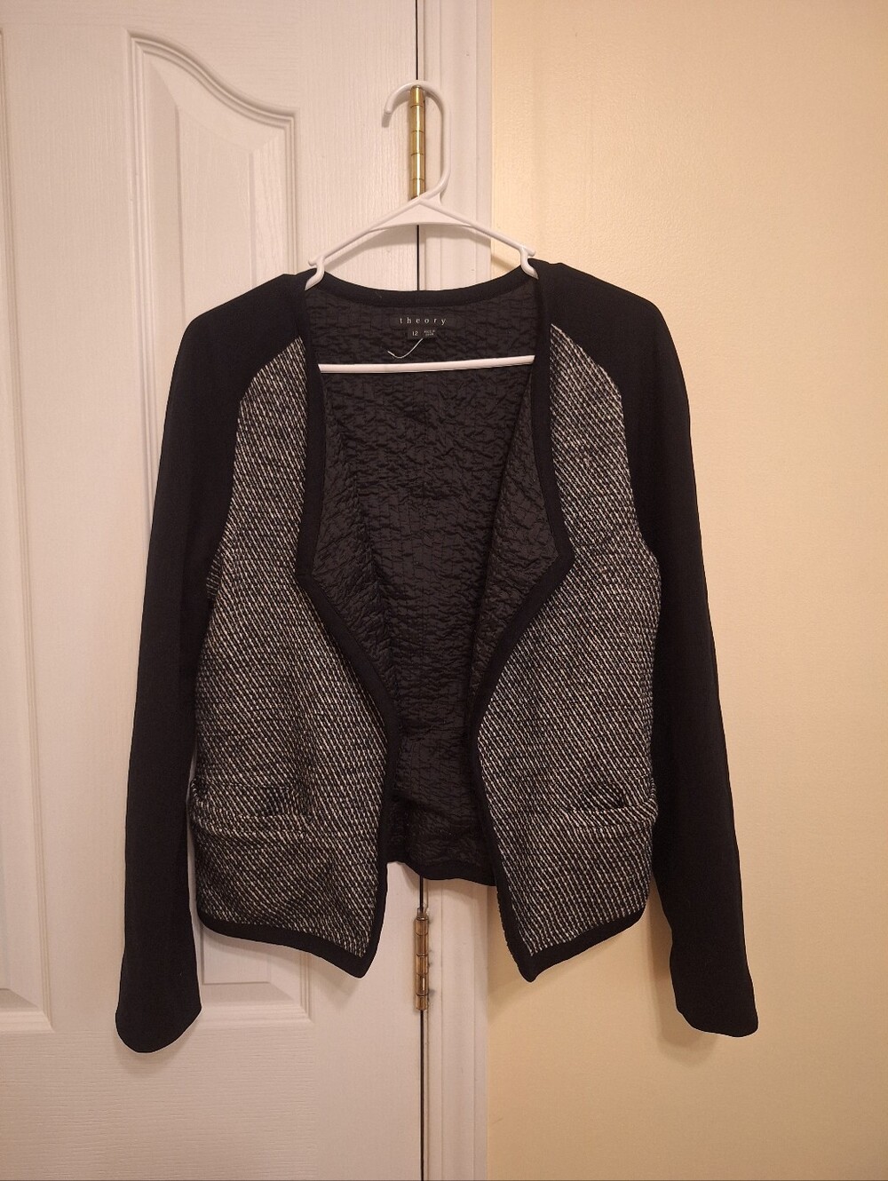 Theory Black and Gray Open-Front Knit Cardigan Size 12